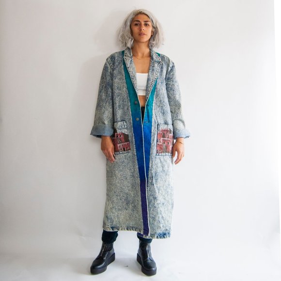 80s Acid Wash Hand Painted Southwestern Duster L L - Picture 4 of 11